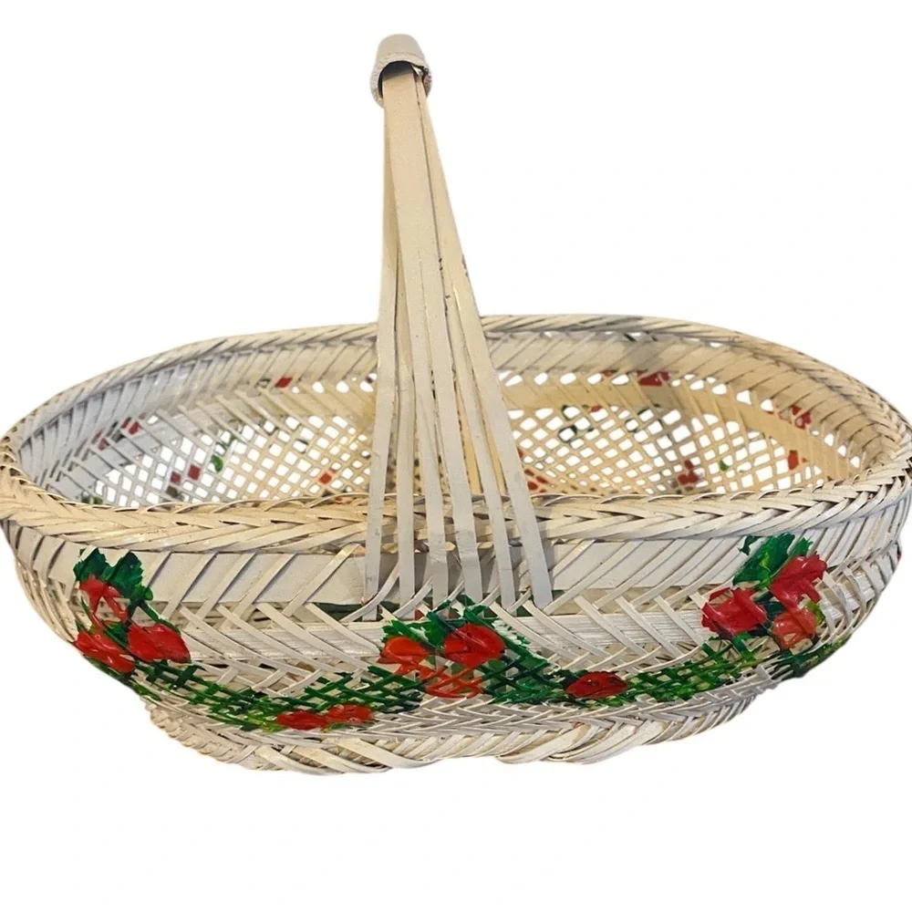 Vintage Daddy’s Duck Handwoven Hand Painted Basket Red Green Floral 8”W x 8”H